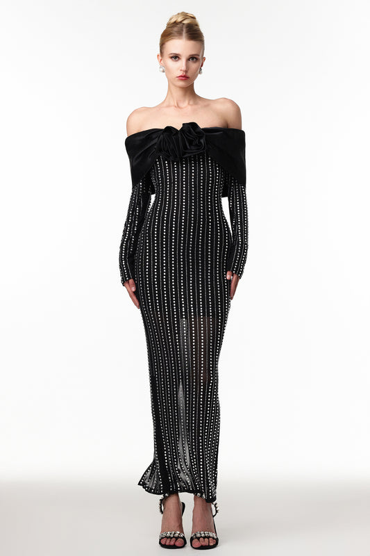 LLstyle Off-Shoulder Crystal Mesh Evening Gown