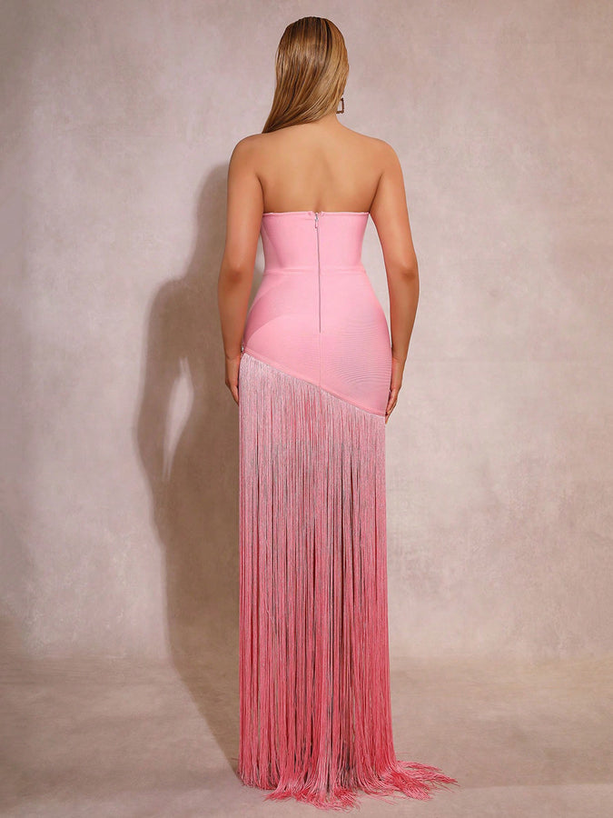 LLstyle Pink Floral Appliqué Fringe Maxi Dress
