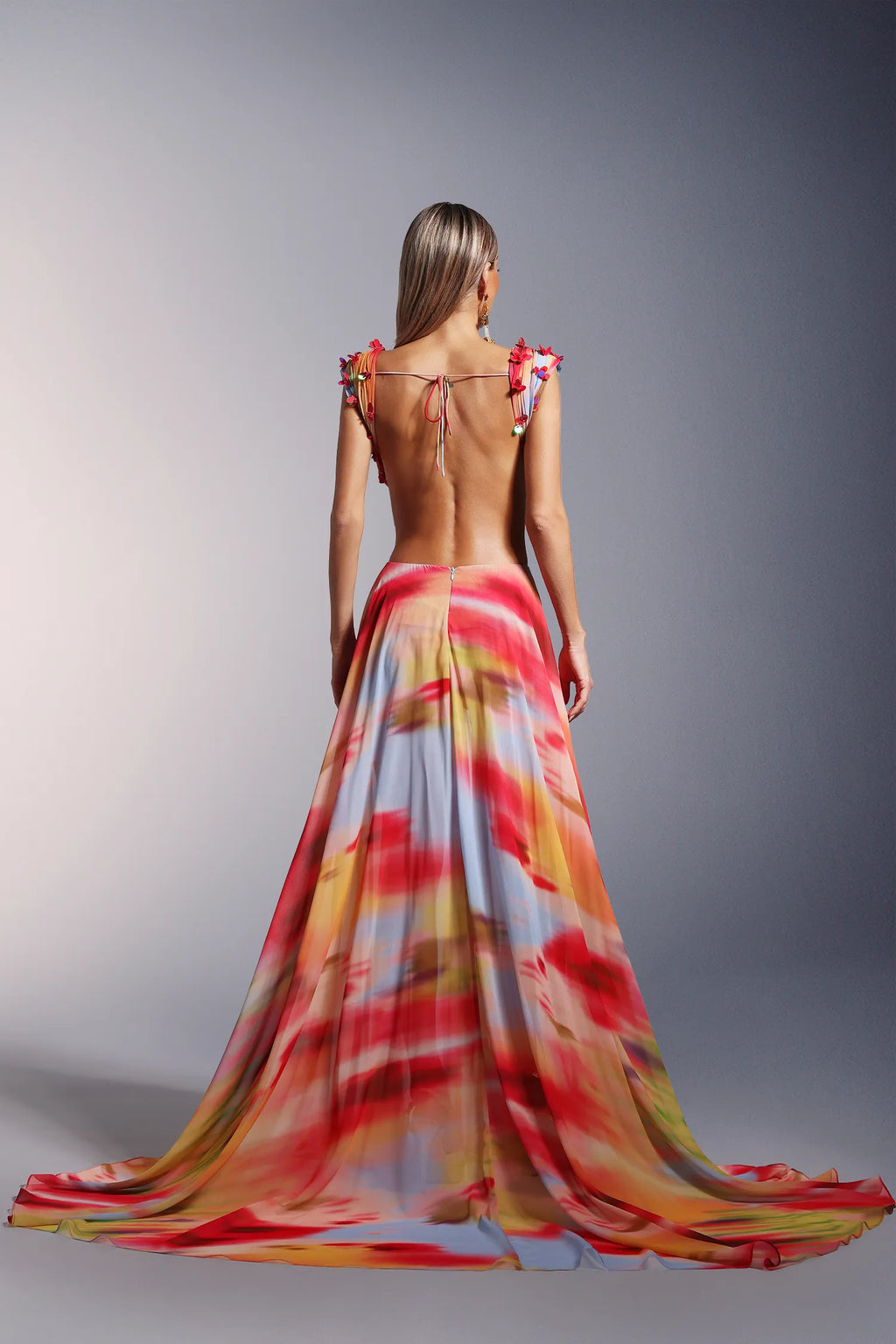 LLstyle Open-Back Floral Tie-Dye Maxi Gown