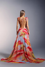 Jaelyn Open-Back Floral Tie-Dye Maxi Gown