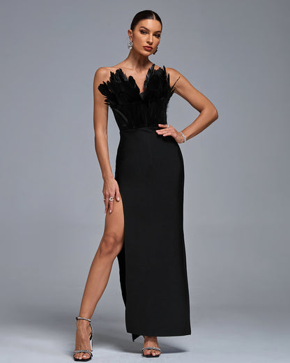 LLstyle Black Feather Detail Evening Gown