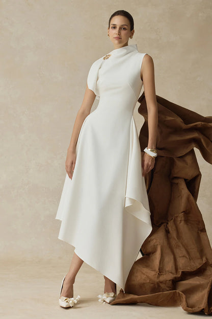 LLstyle White Asymmetrical High-Neck Midi Dress
