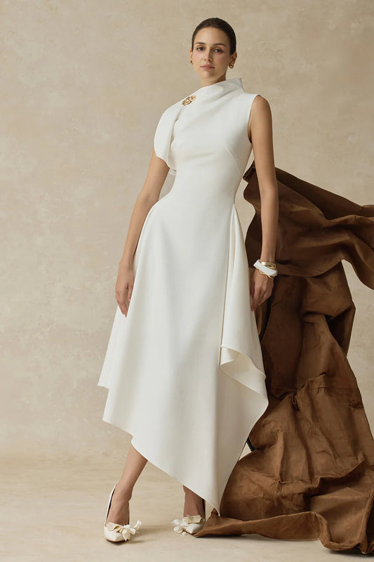 LLstyle White Asymmetrical High-Neck Midi Dress