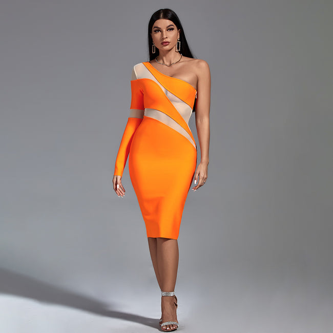 LLstyle Neon Orange One-Shoulder Mesh Panel Midi Dress