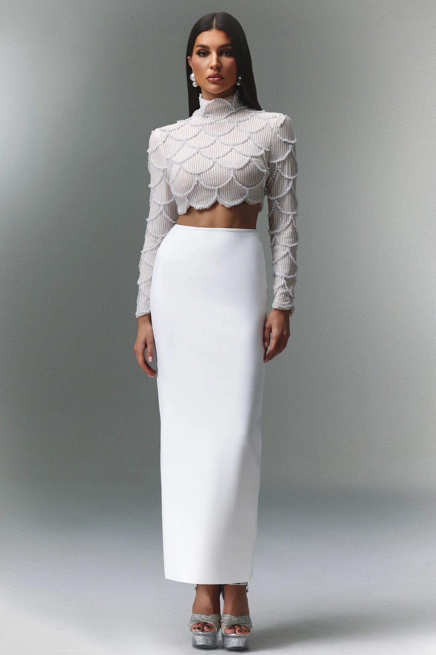 LLstyle Pearl-Embellished Sheer Crop Top & High-Waist Maxi Skirt Set
