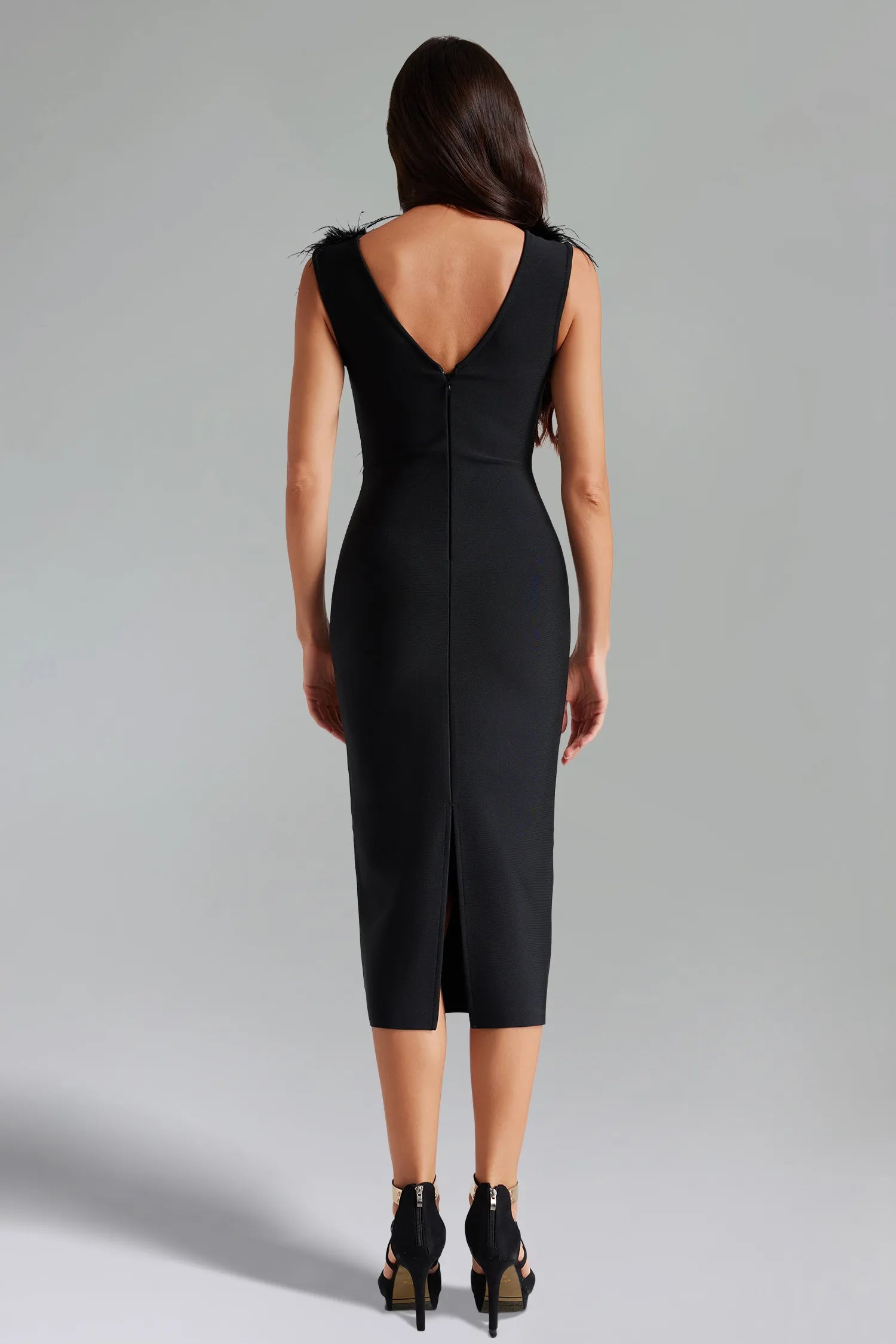 LLstyle Feather-Trim V-Neck Midi Dress