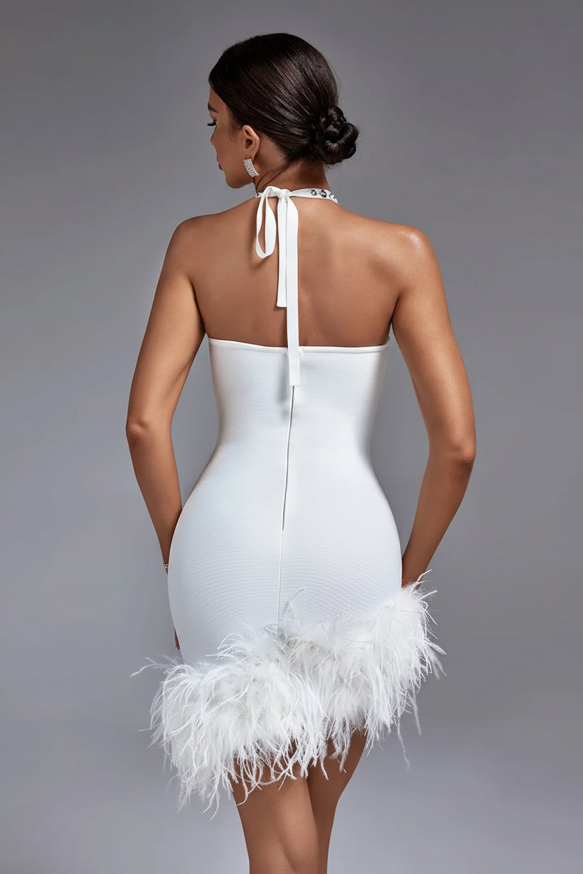 LLstyle Rhinestone Halter Feather Mini Dress