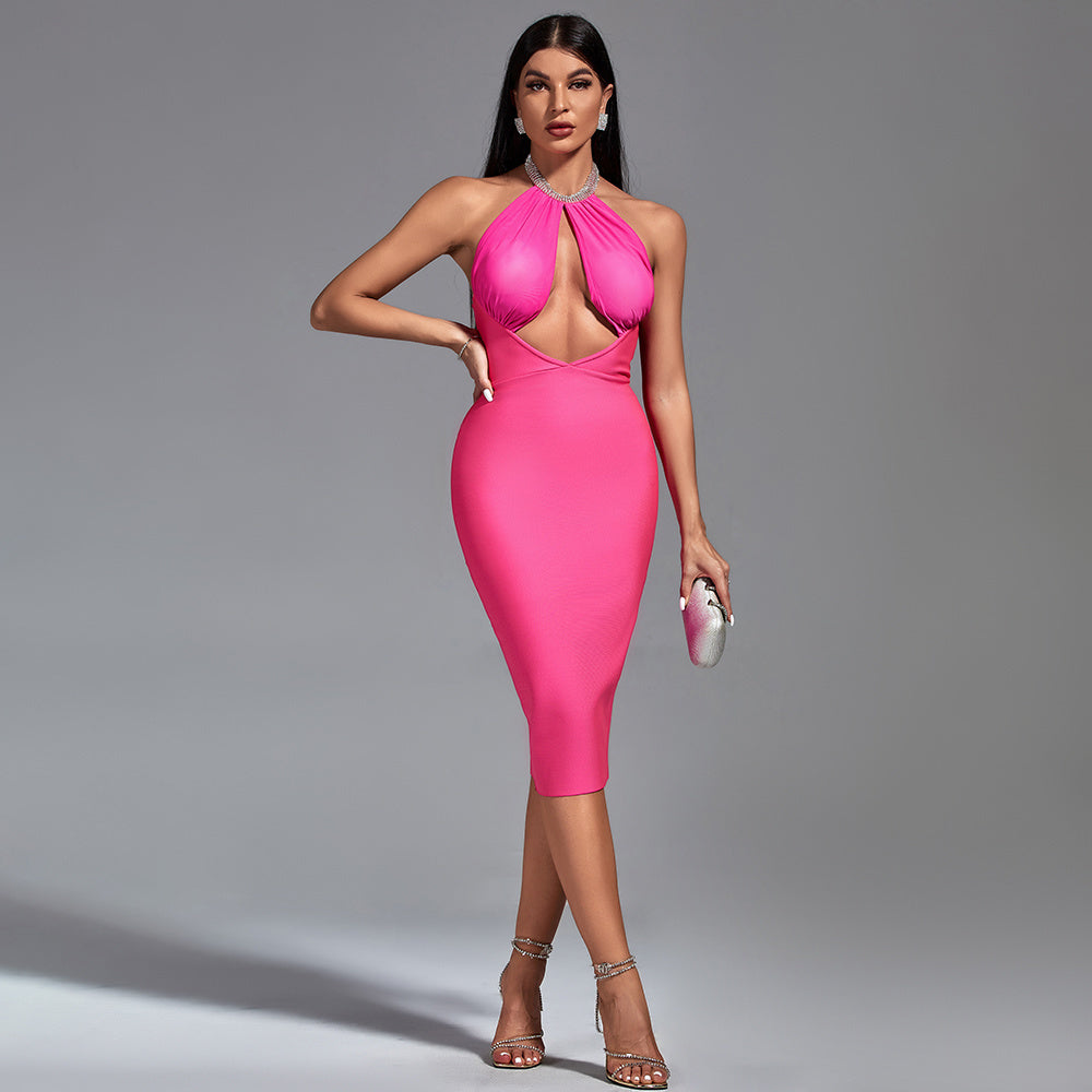 LLstyle Hot Pink Halter Cut-Out Midi Dress
