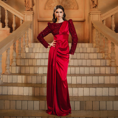 LLstyle Burgundy Sequin & Satin Draped Maxi Dress