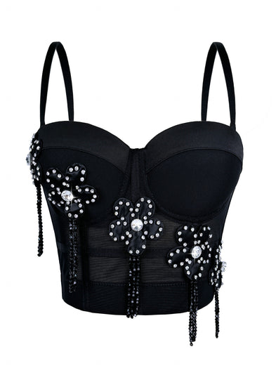 Llstyle Black Sheer Rhinestone Floral Corset Top