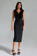 Marley Feather-Trim V-Neck Midi Dress