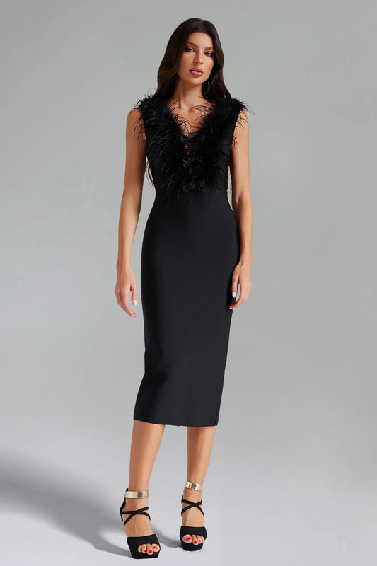 LLstyle Feather-Trim V-Neck Midi Dress