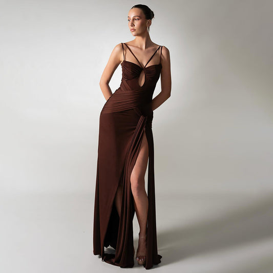 LLstyle Brown Cut-Out Ruched Maxi Dress with High Slit