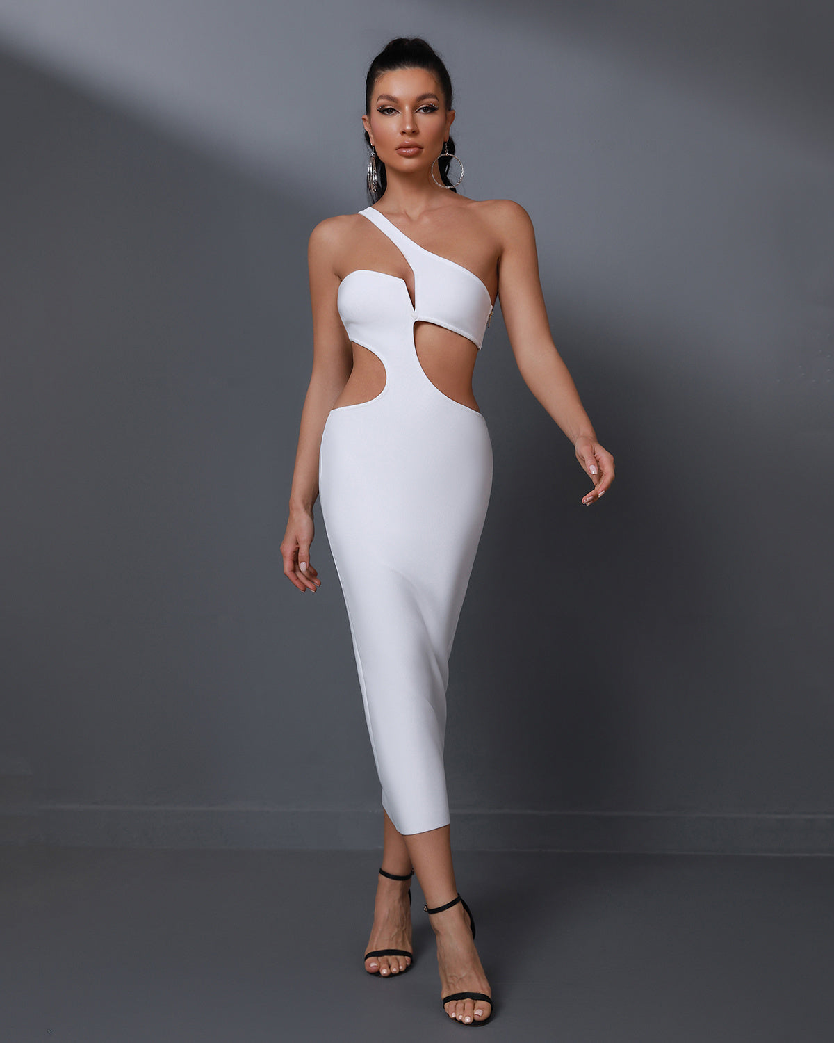 LLstyle White One-Shoulder Cut-Out Midi Dress
