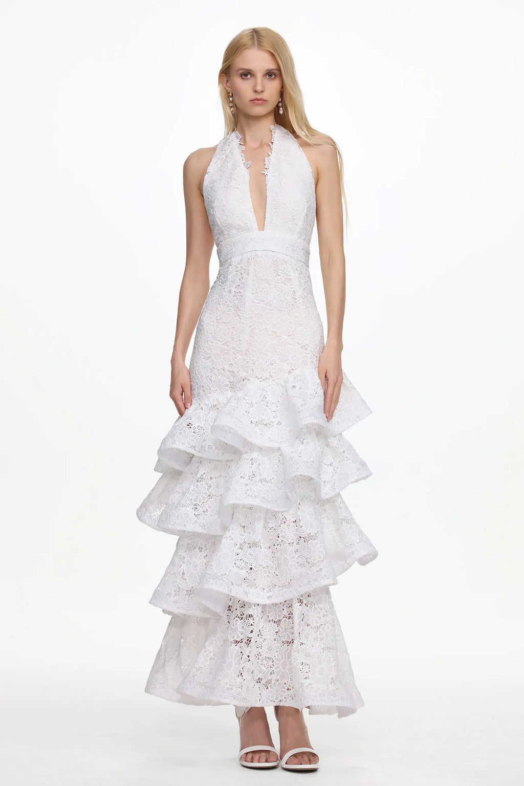 Juliette Lace Cascade Halter Maxi Dress