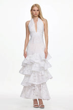 Juliette Lace Cascade Halter Maxi Dress