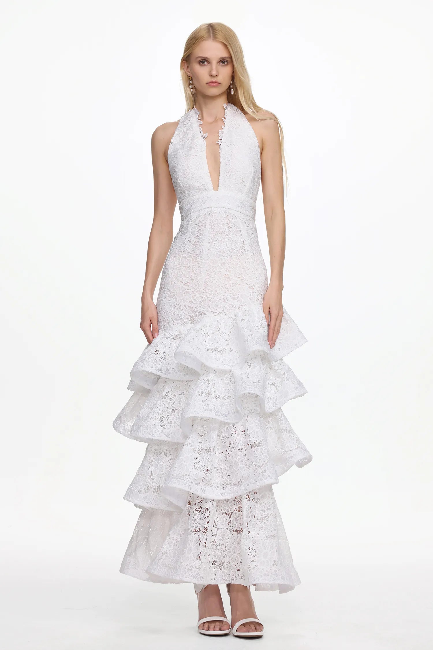 Juliette Lace Cascade Halter Maxi Dress