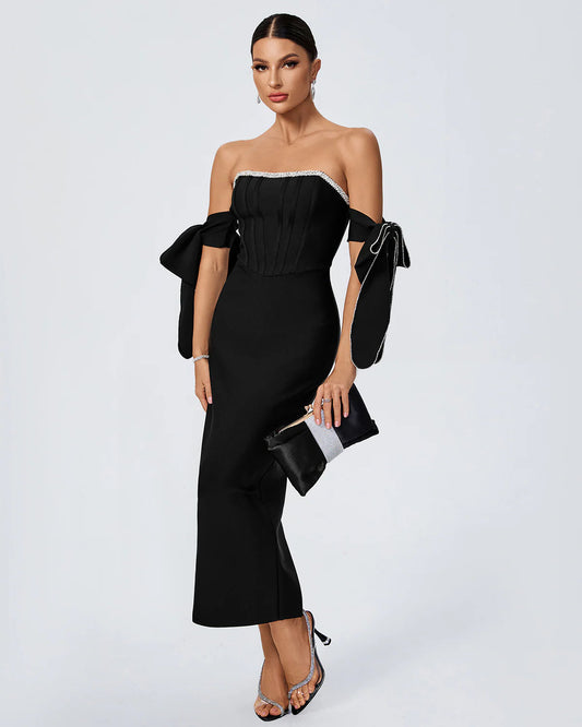 LLstyle Rhinestone Trim Off-Shoulder Bow Tie Fitted Party Dress