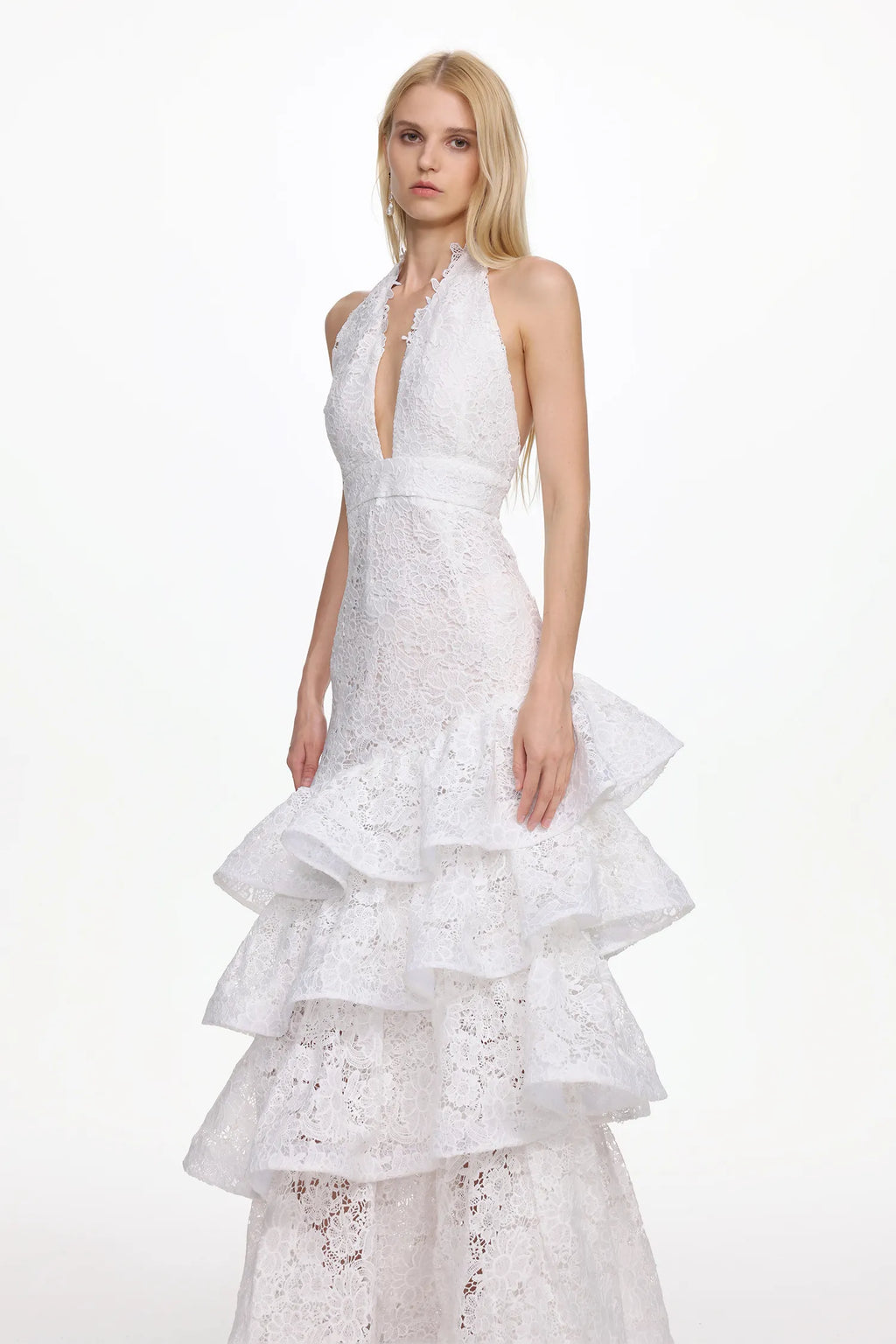 Juliette Lace Cascade Halter Maxi Dress