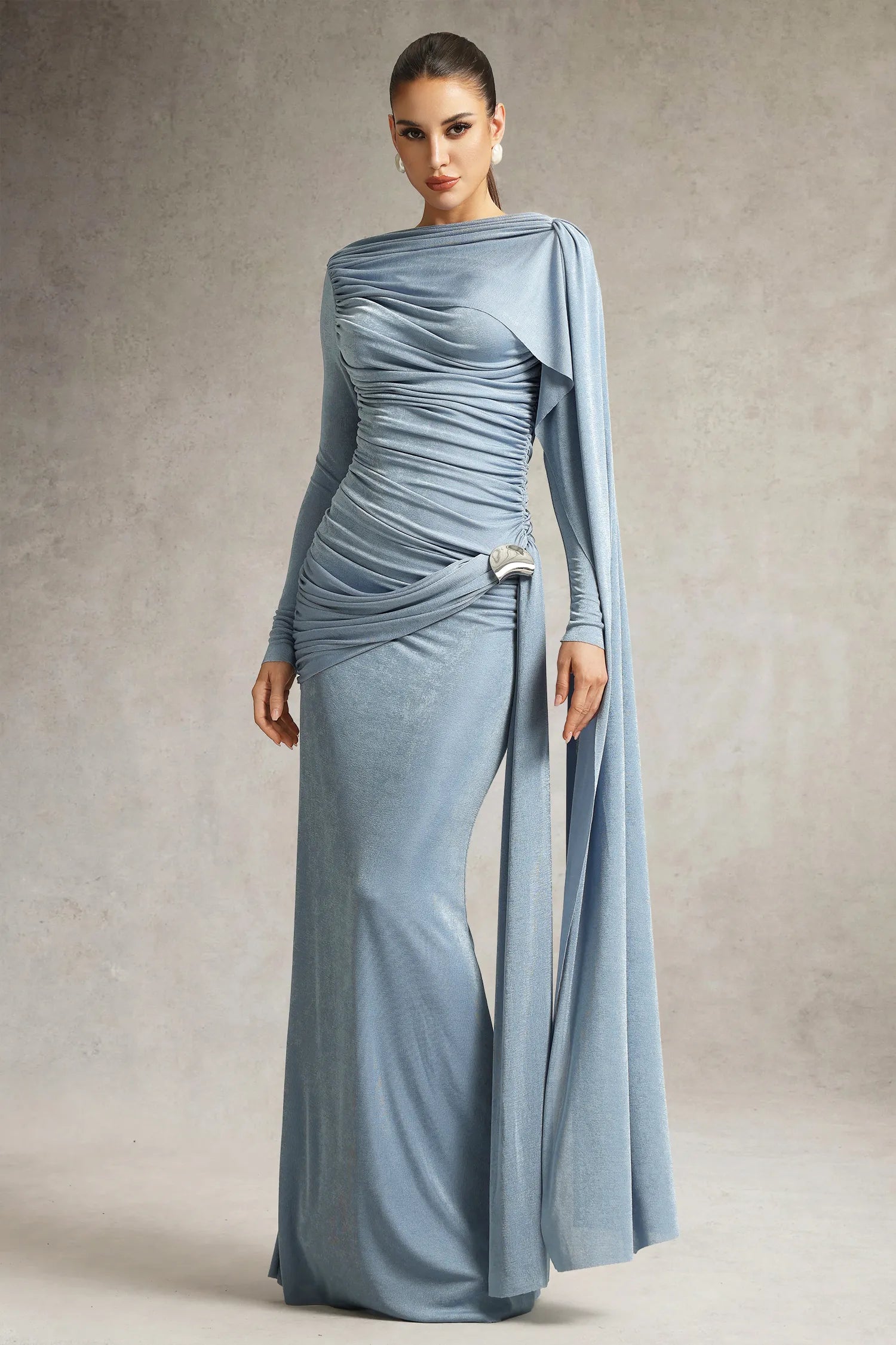 LLstyle Draped One-Shoulder Ruched Maxi Dress