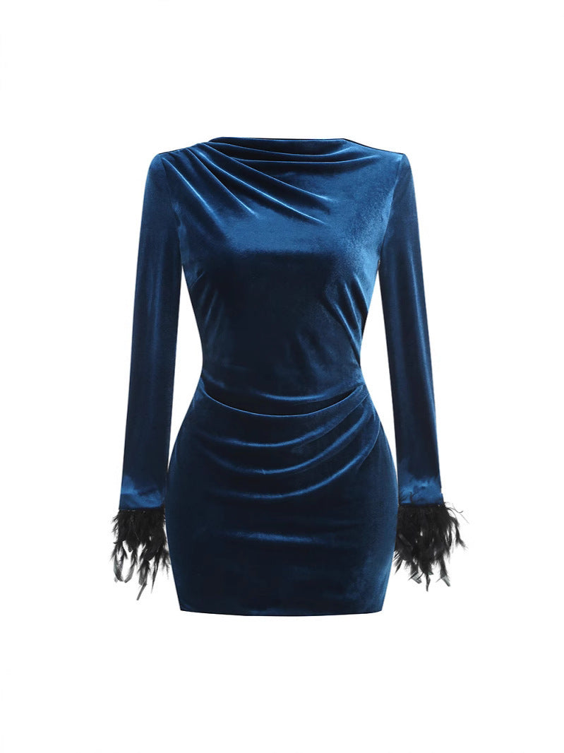 LLstyle Velvet Feather-Trim Mini Dress