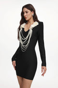 LLstyle Black Pearl Embellished Long Sleeve Mini Dress