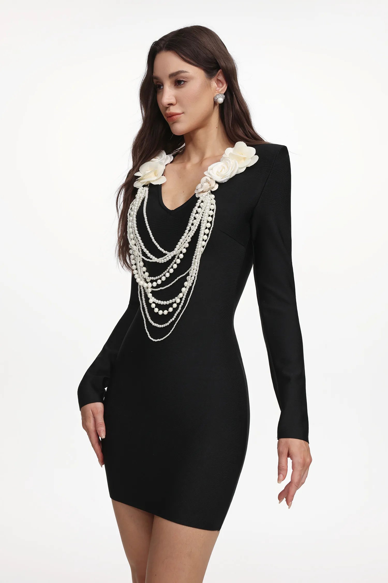 LLstyle Black Pearl Embellished Long Sleeve Mini Dress