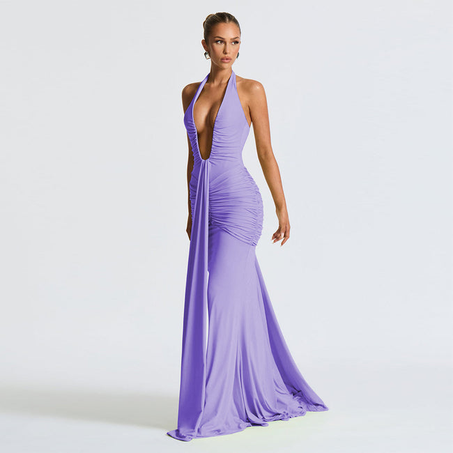 LLstyle Plunge Halter Ruched Maxi Dress