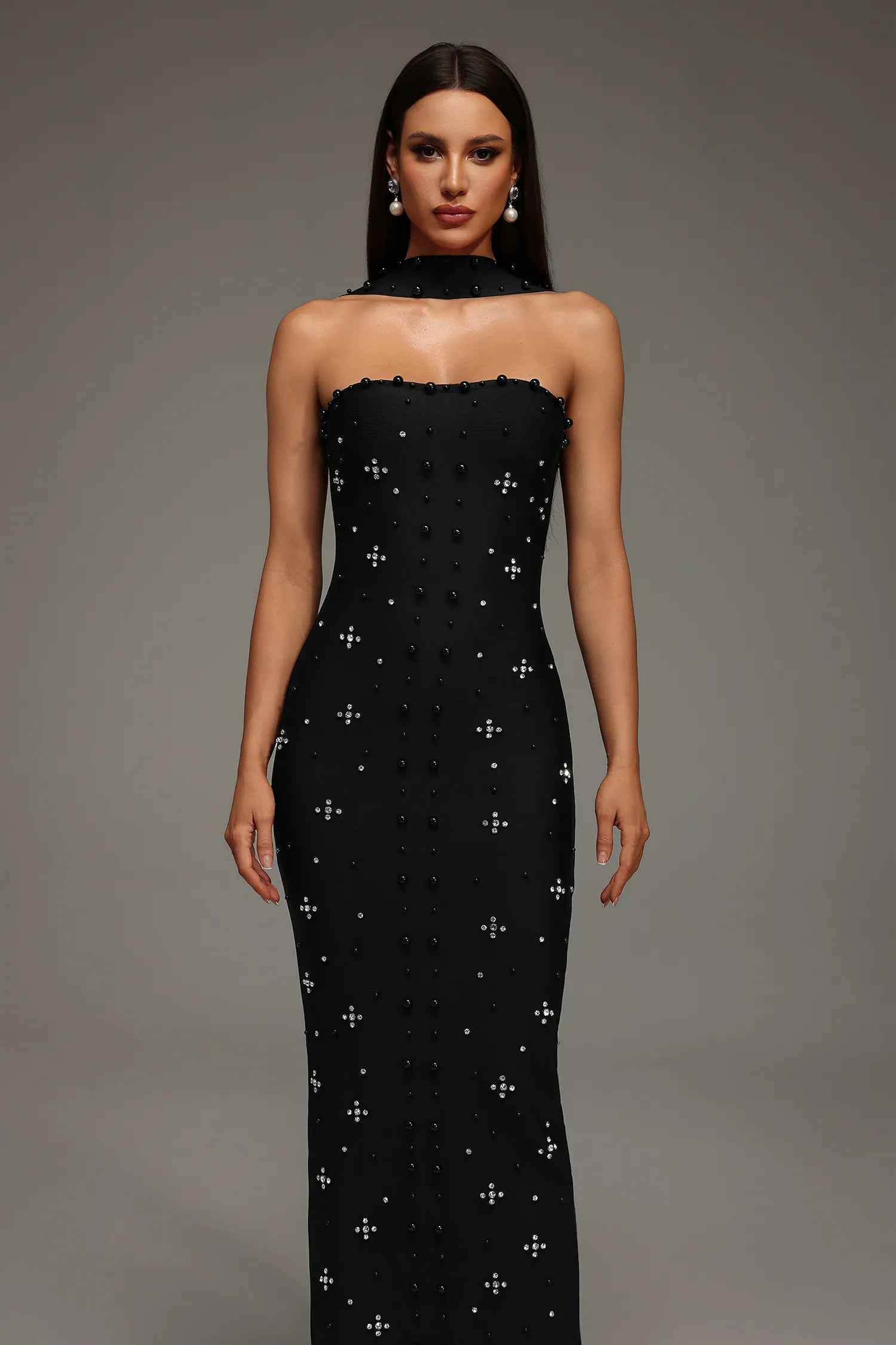 LLstyle Crystal Choker Strapless Maxi Dress