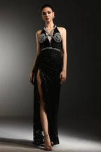 Crystal-Embellished Lace Halter Gown