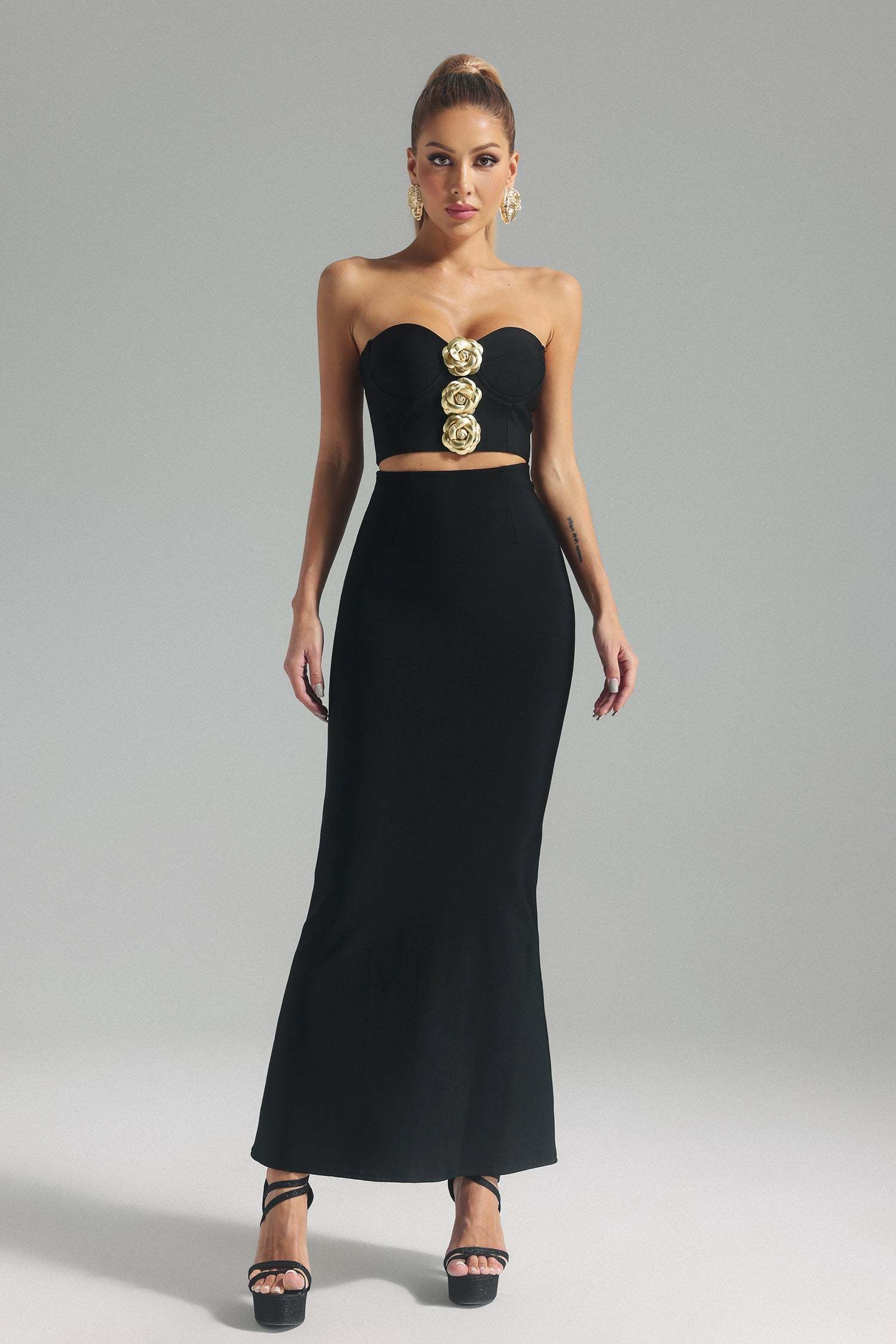 LLstyle Strapless Floral Detail Crop Top & Maxi Skirt Set