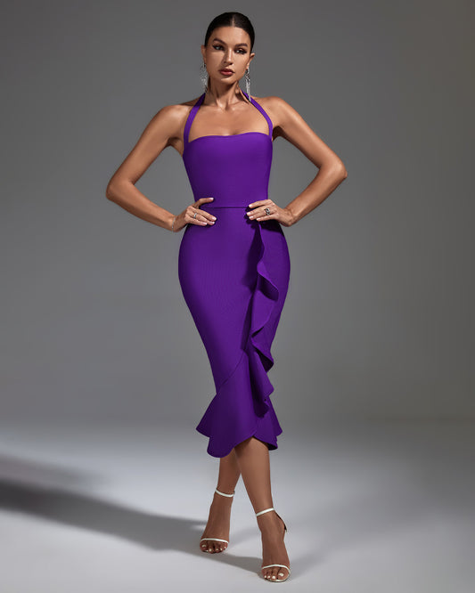 LLstyle Violet Ruffle Halter Midi Dress