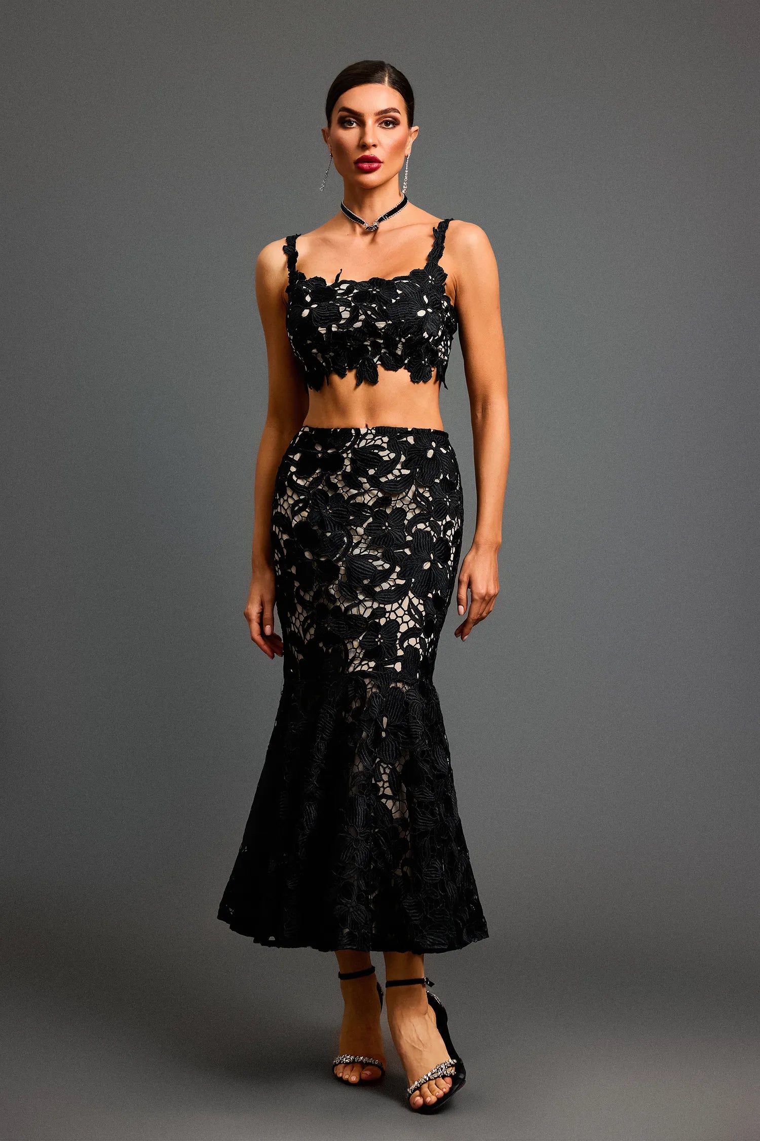 LLstyle Black Lace Two-Piece Midi Set
