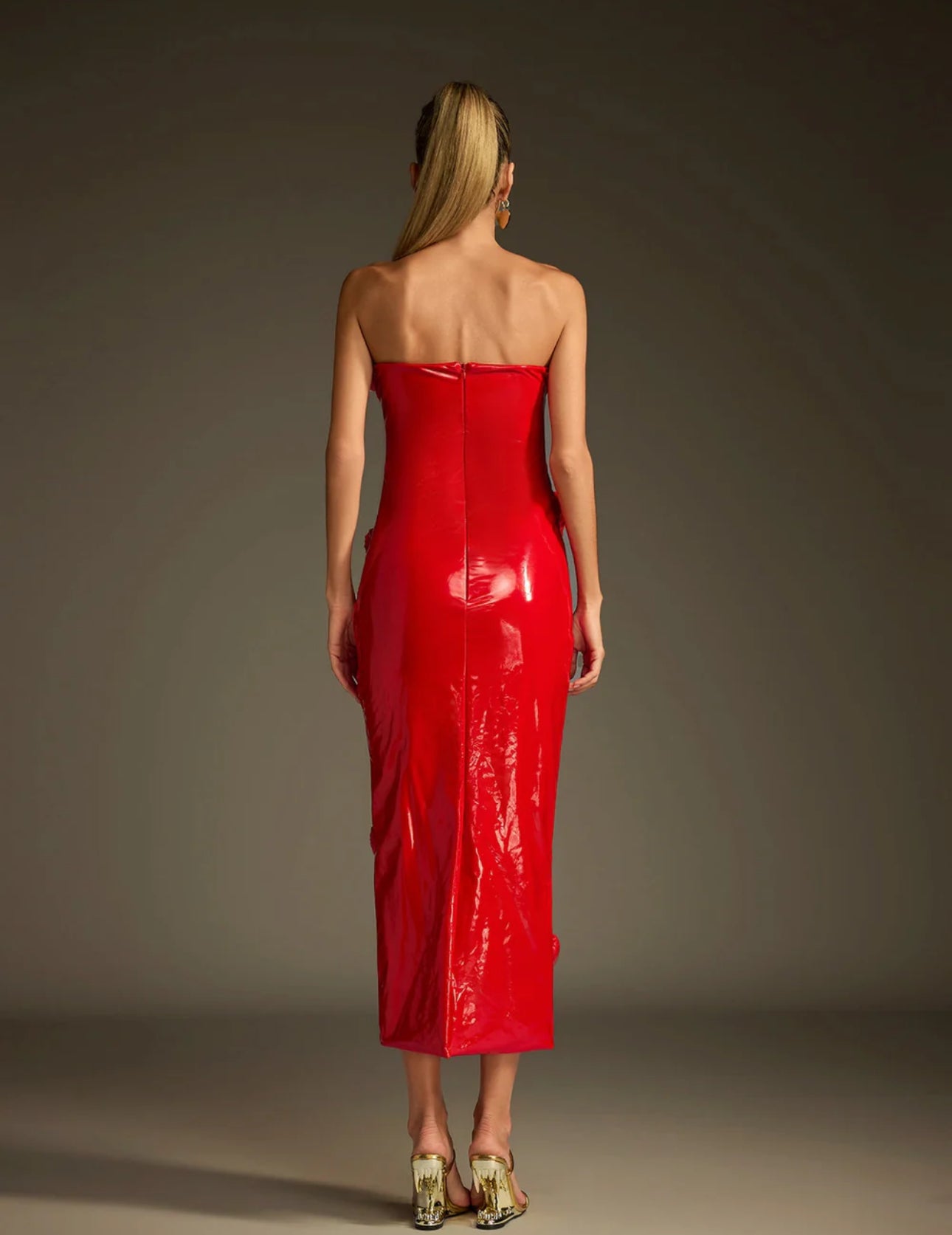 Llstyle Red Vinyl Heart Strapless Maxi Dress