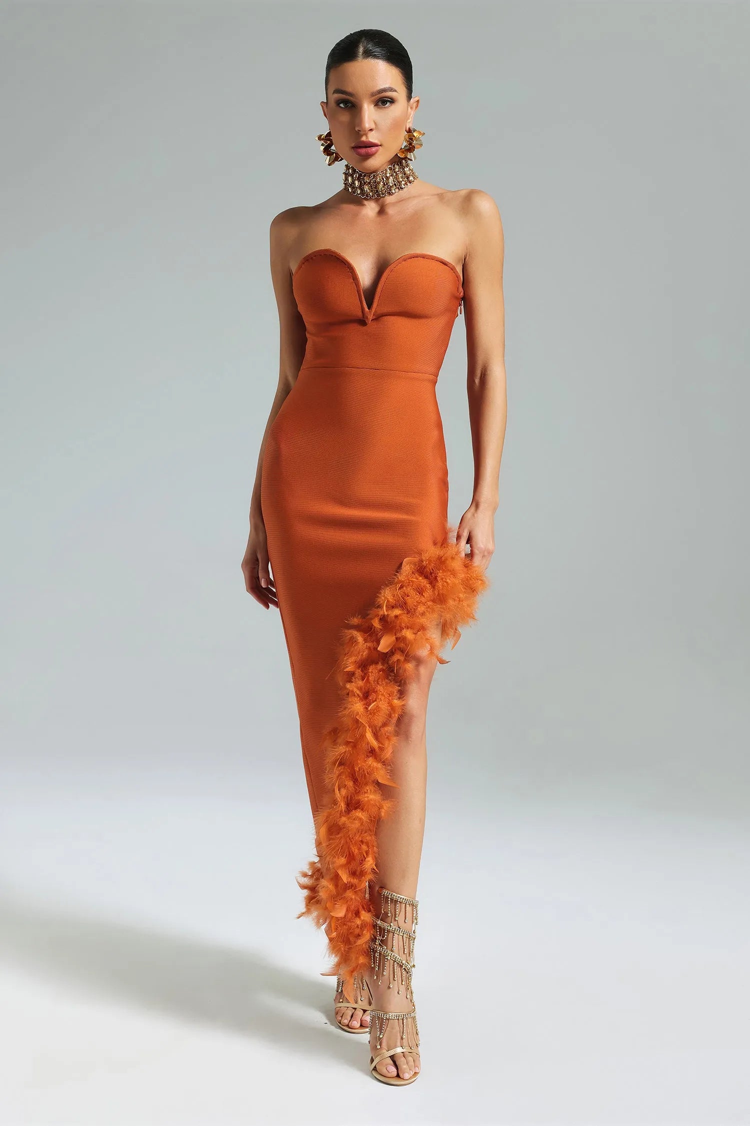 Llstyle Feather-Trim Strapless Midi Dress