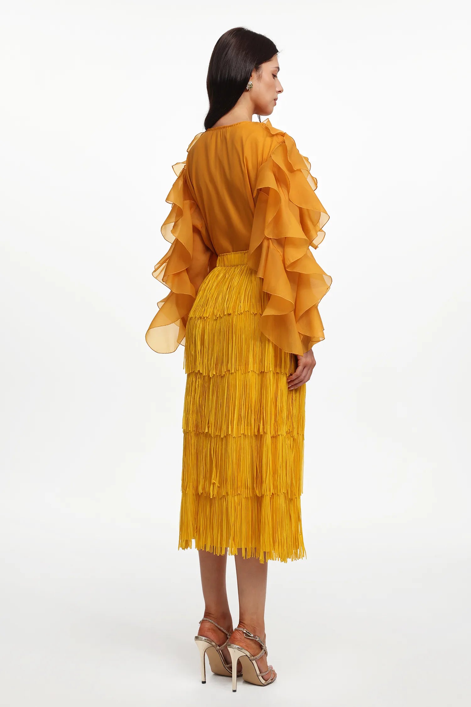 LLstyle Golden Ruffle Blouse & Fringe Maxi Skirt Set