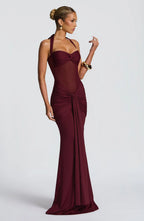Dio Burgundy Halter Mesh Maxi Dress