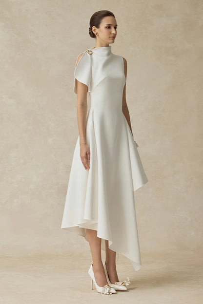 LLstyle White Asymmetrical High-Neck Midi Dress