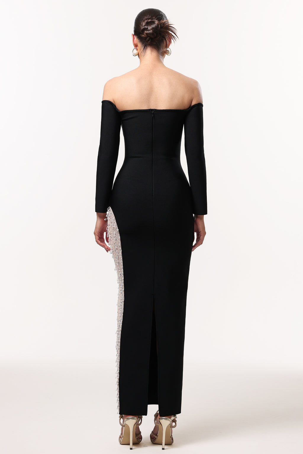 LLstyle Black Off-Shoulder Maxi Dress with Embellished Side Panel