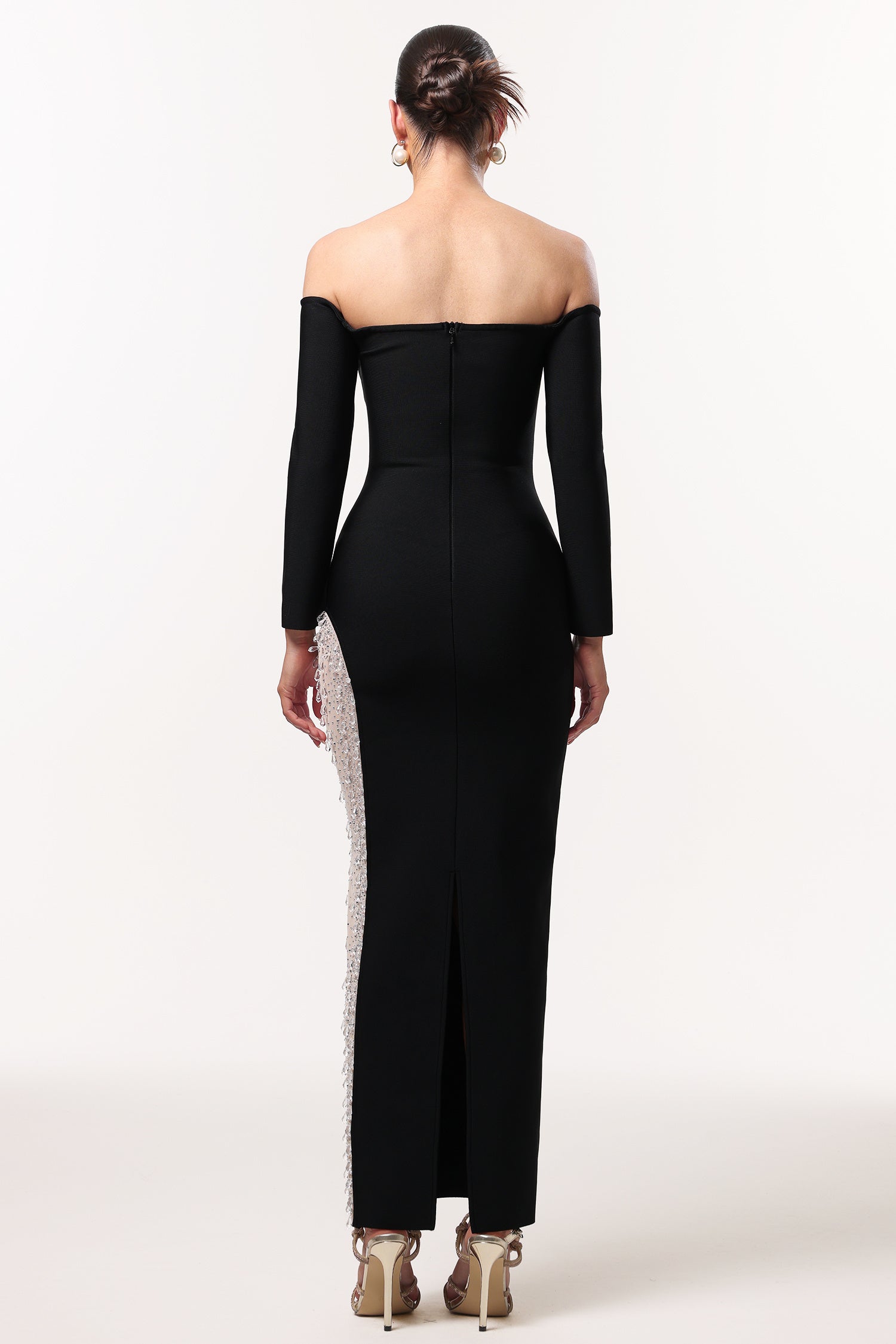 LLstyle Black Off-Shoulder Maxi Dress with Embellished Side Panel