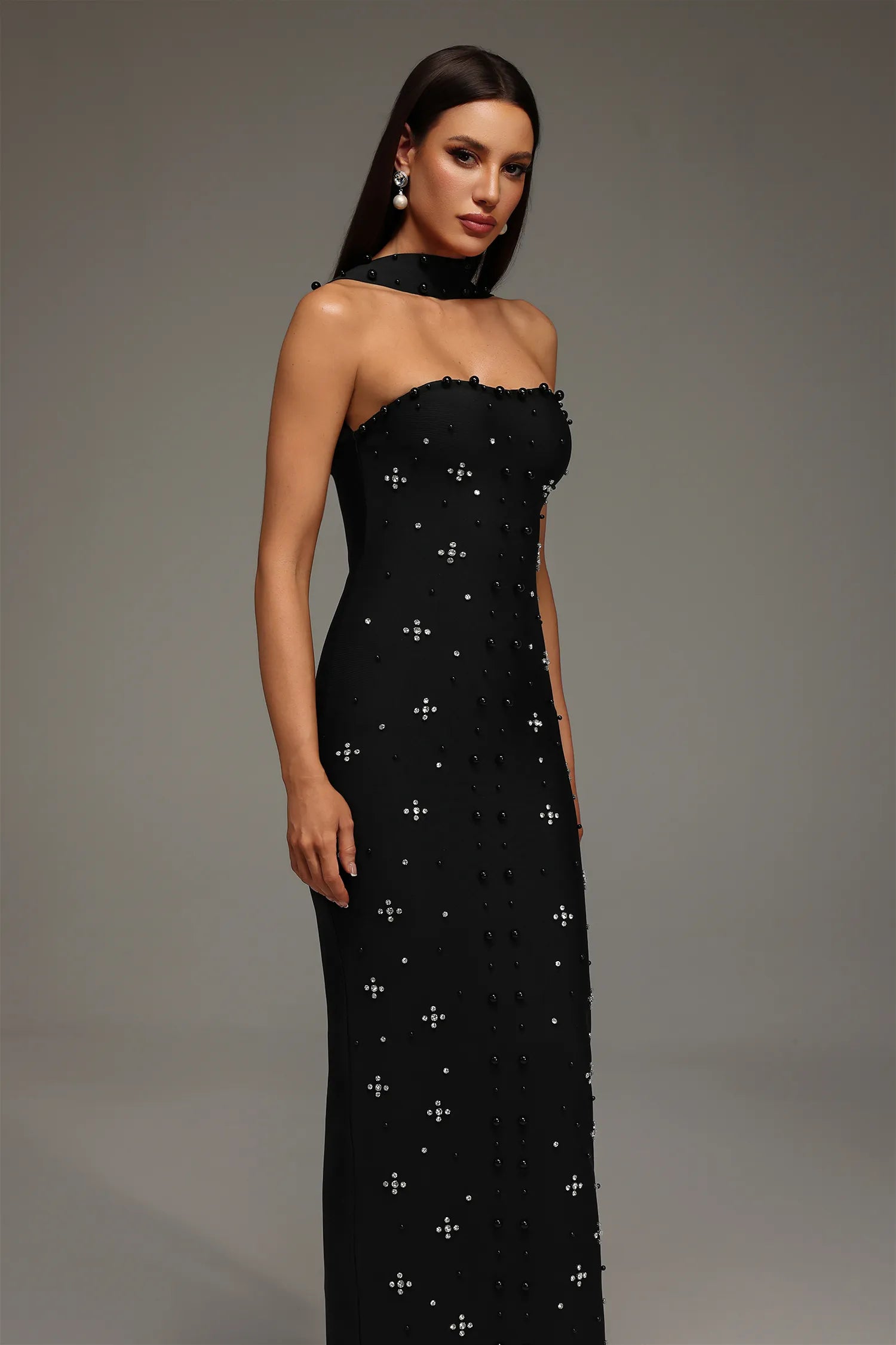 LLstyle Crystal Choker Strapless Maxi Dress