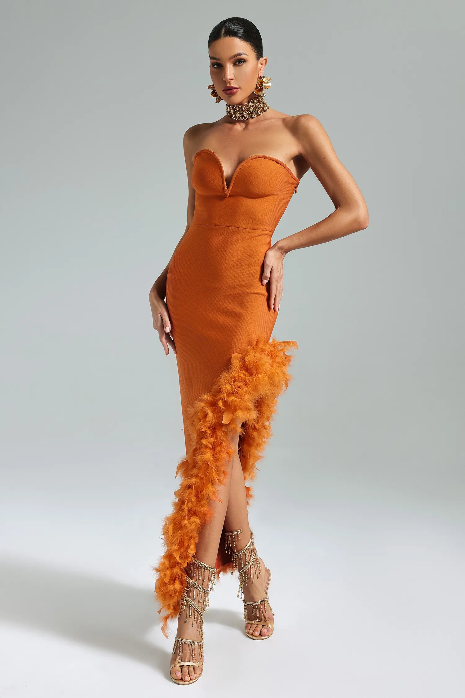 Llstyle Feather-Trim Strapless Midi Dress