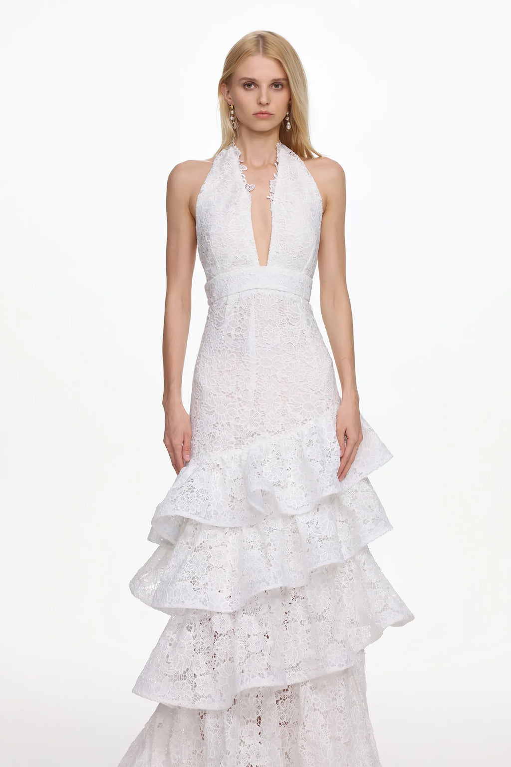 Juliette Lace Cascade Halter Maxi Dress