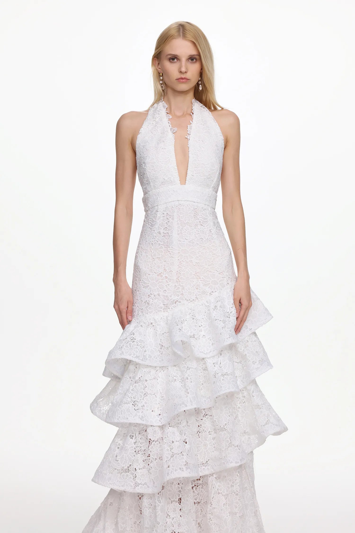 Juliette Lace Cascade Halter Maxi Dress