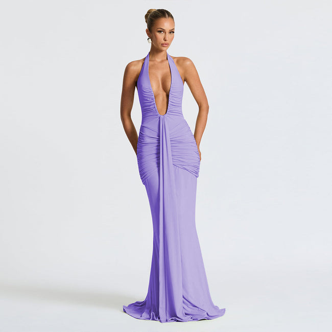 LLstyle Plunge Halter Ruched Maxi Dress