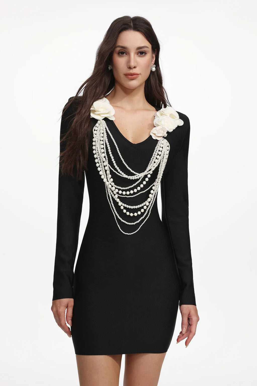 LLstyle Black Pearl Embellished Long Sleeve Mini Dress