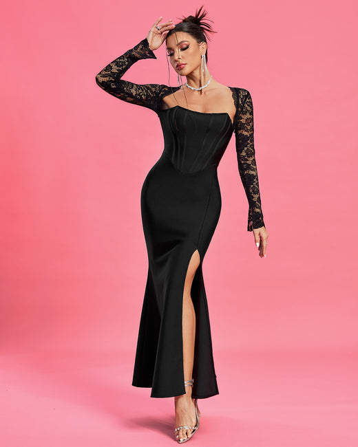 LLstyle Black Lace Corset Maxi Dress