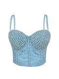 LLstyle Blue Pearl-Embellished Bustier Cami Top