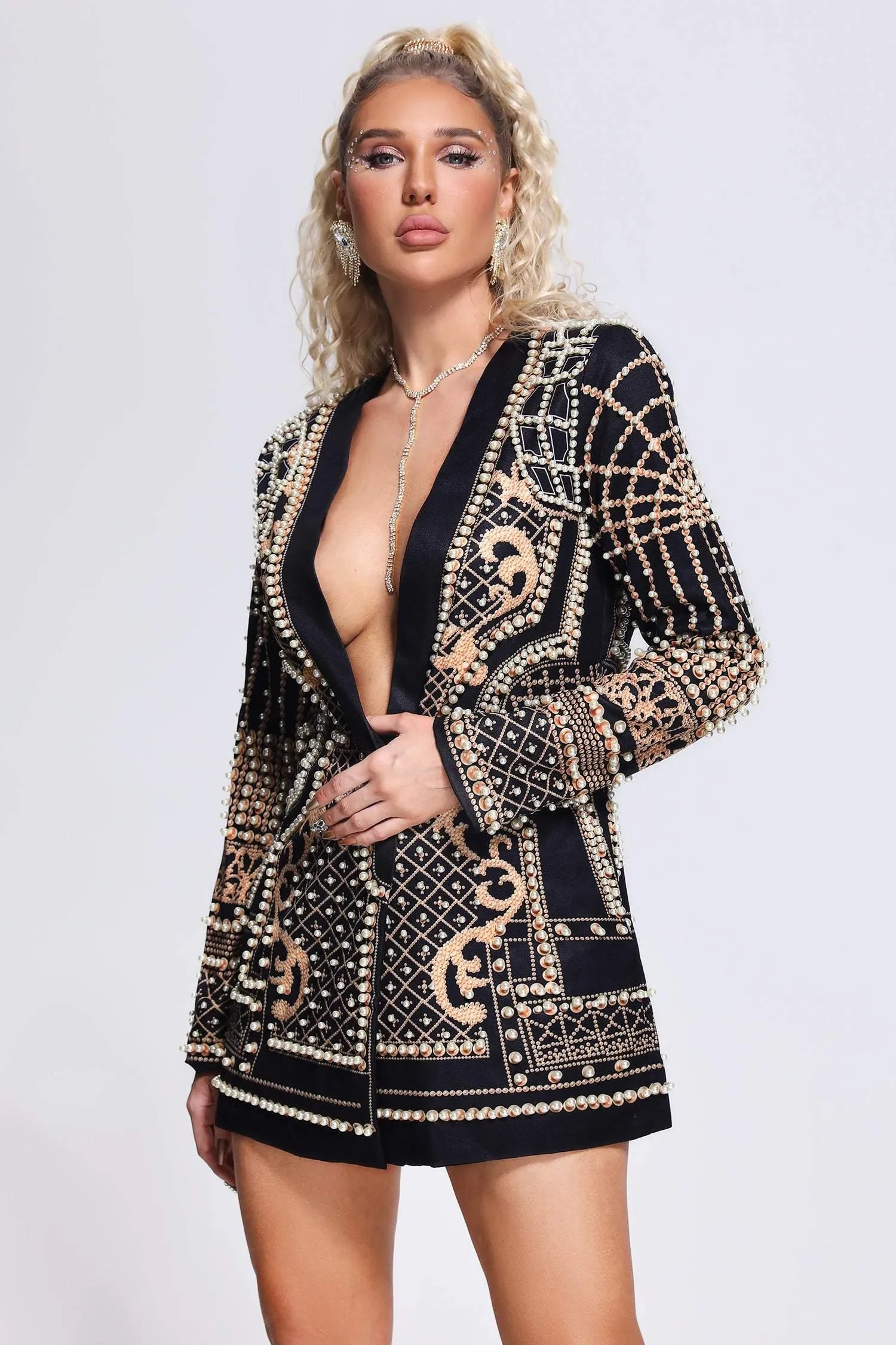 LLstyle Embellished Deep V-Neck Blazer Dress