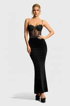 Maisie Lace Corset Leather-Trim Maxi Dress